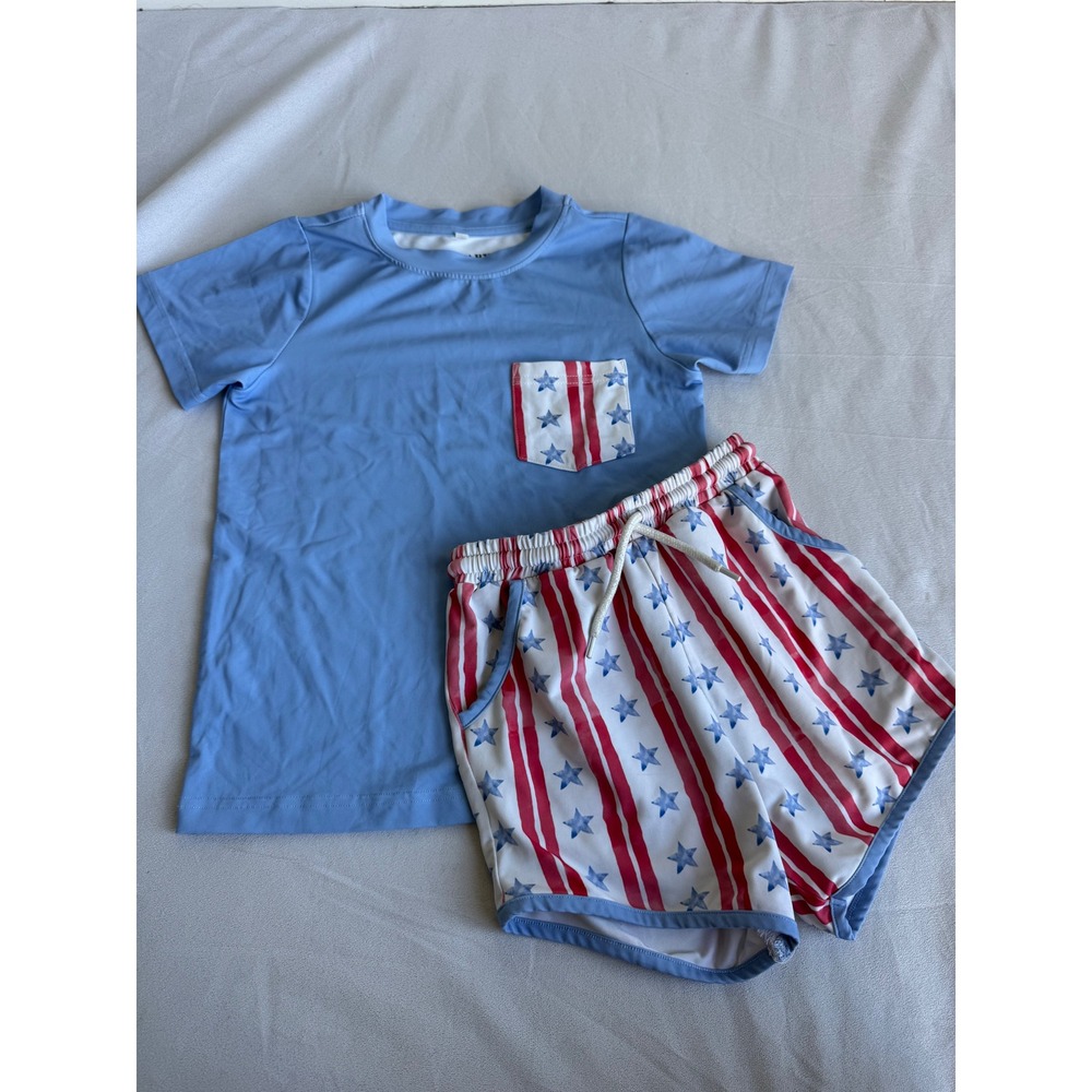 Lullaby Collection Kids 6 Americana Stars Stripes Blue Tee Shorts Set Patriotic